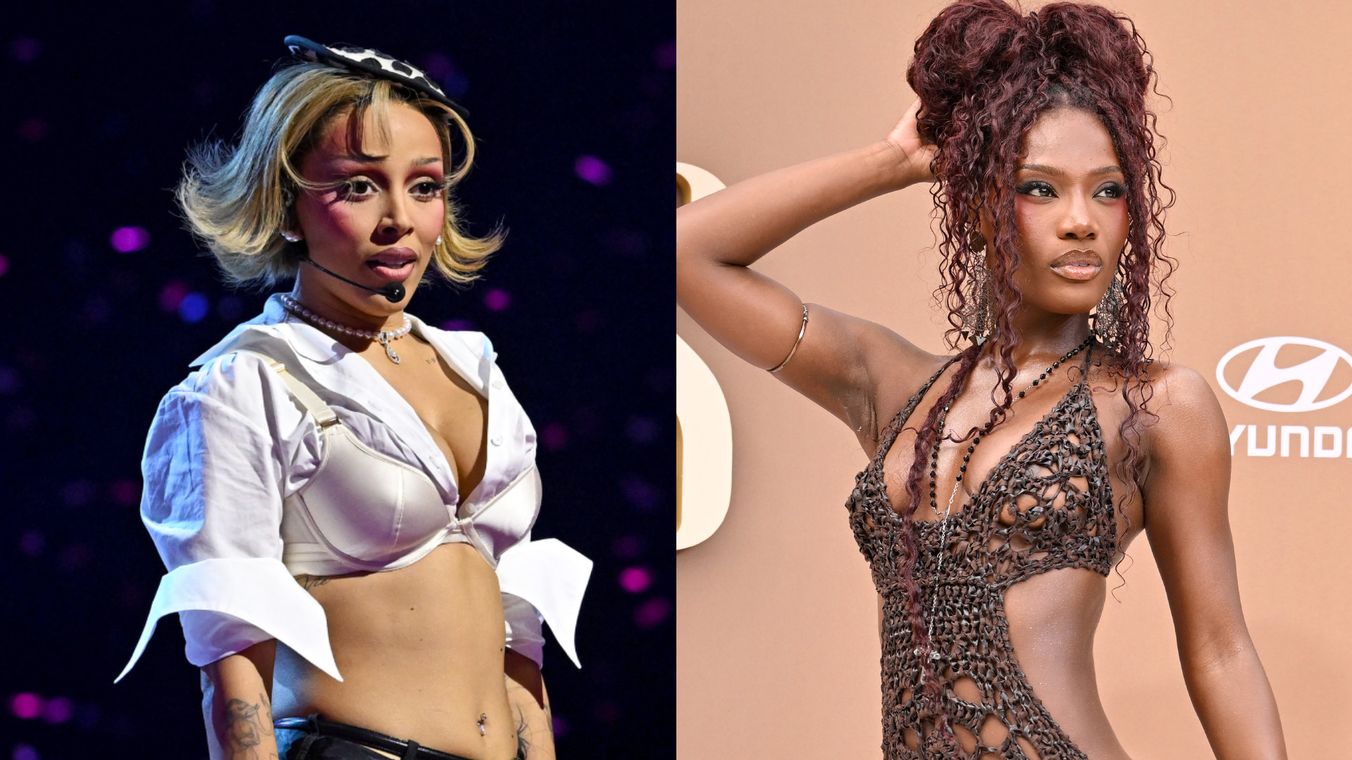 Split image. Left: Doja Cat with short blonde hair in a white top. Right: Doechii with long curly hair in a brown dress.