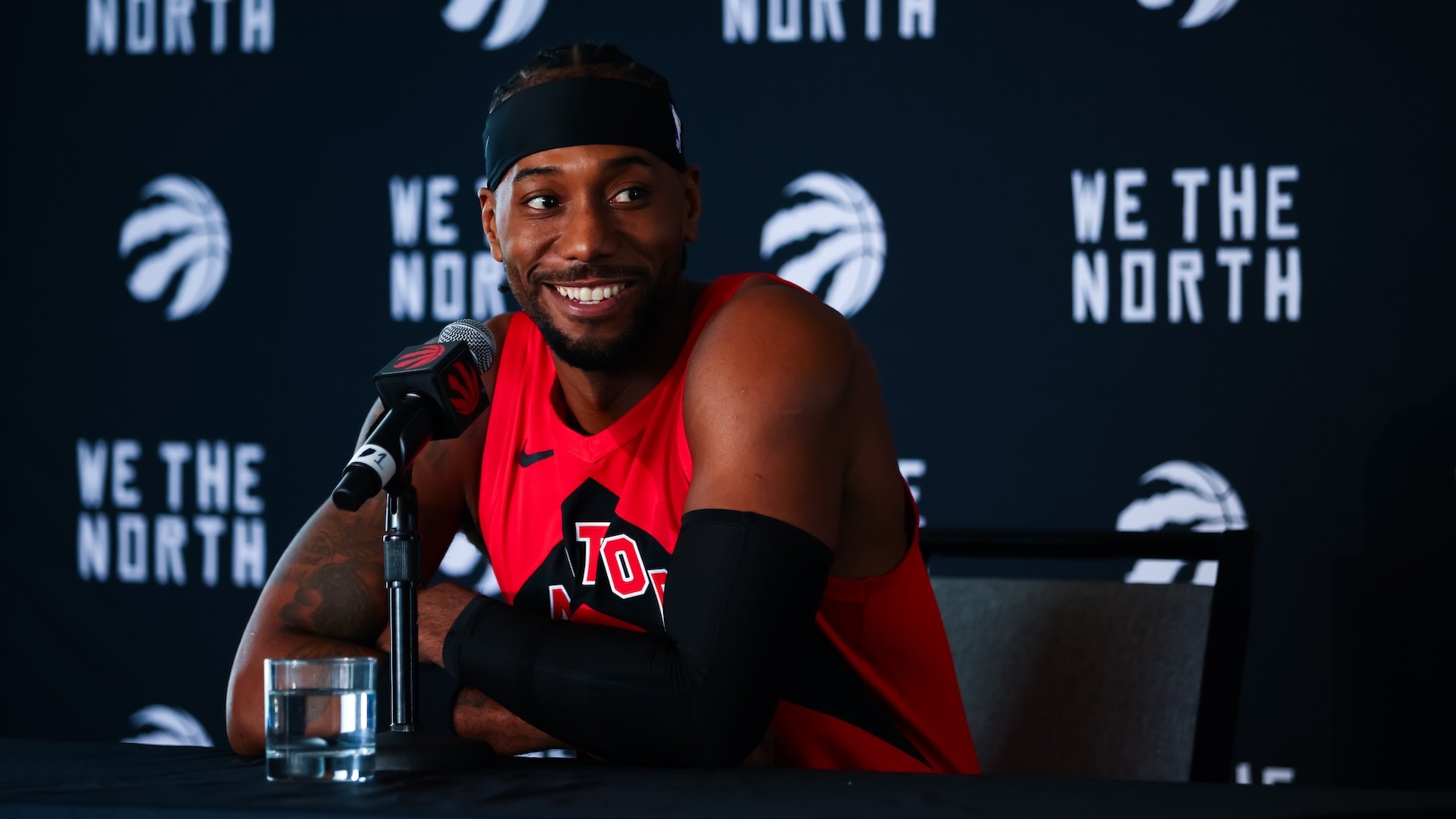 Kawhi Leonard speaks to media during the Toronto Raptors media day.