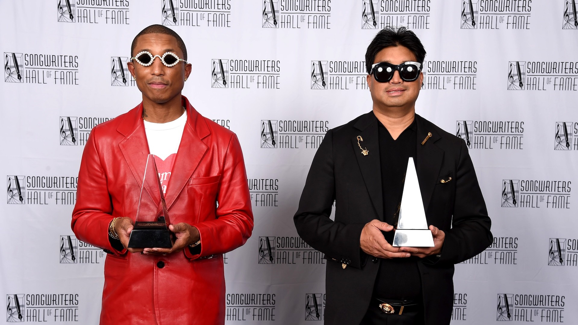 Pharrell Williams and Chad Hugo of The Neptunes pose backstage at the Songwriters Hall of Fame 51st Annual Induction.