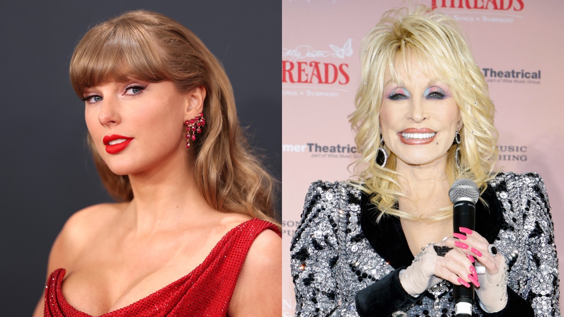 Taylor Swift in a red dress with red lipstick, and Dolly Parton in a sparkling outfit holding a microphone, both smiling.