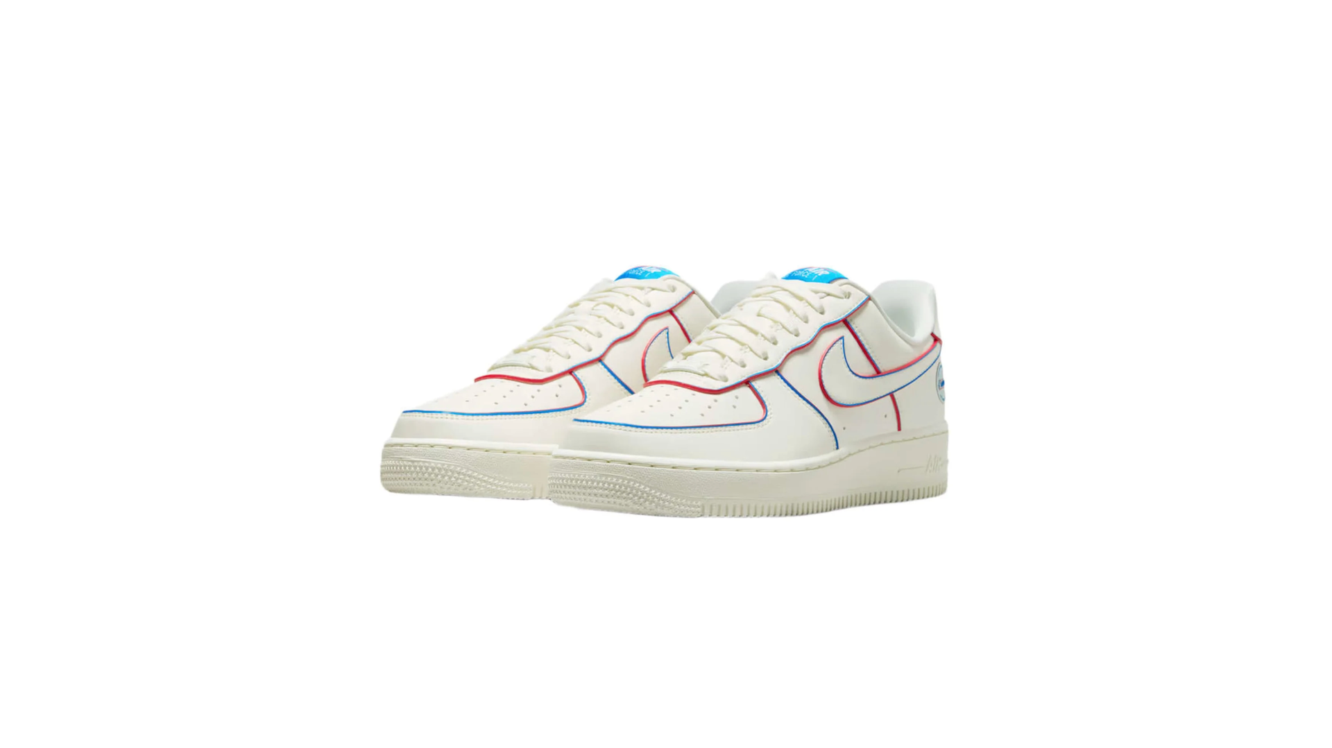 White Nike Air Force 1 sneakers with red and blue outline details, featuring a classic design and blue branding on the tongue.
