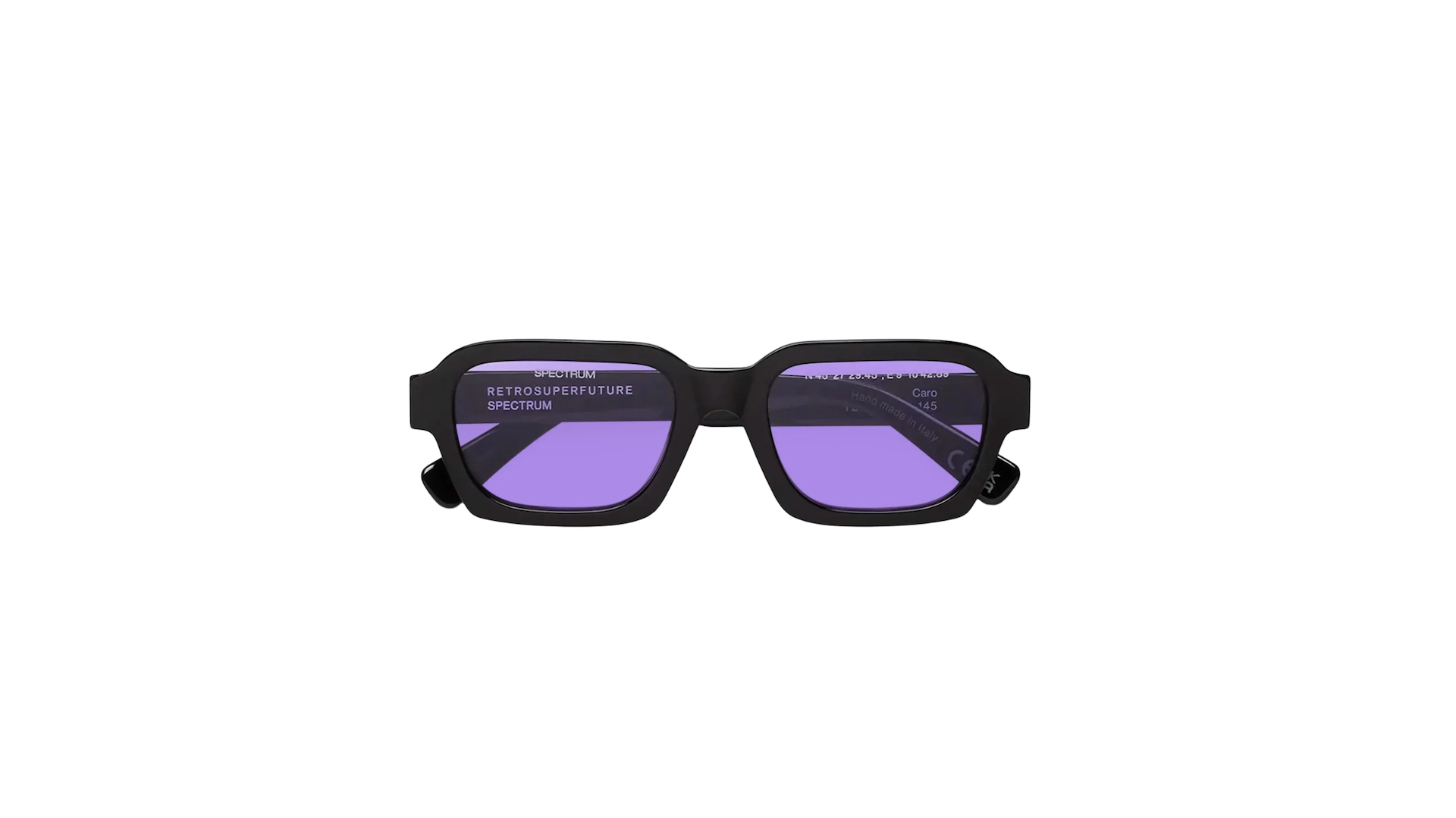Rectangular black sunglasses with purple lenses, featuring the brand "Retrosuperfuture" on the inside of the frame.