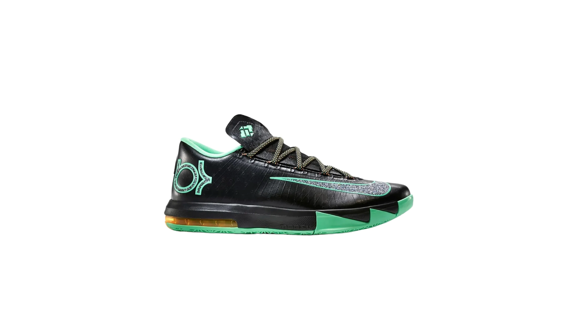 A black and green athletic sneaker with a sleek design and patterned laces, featuring a distinctive logo on the side.