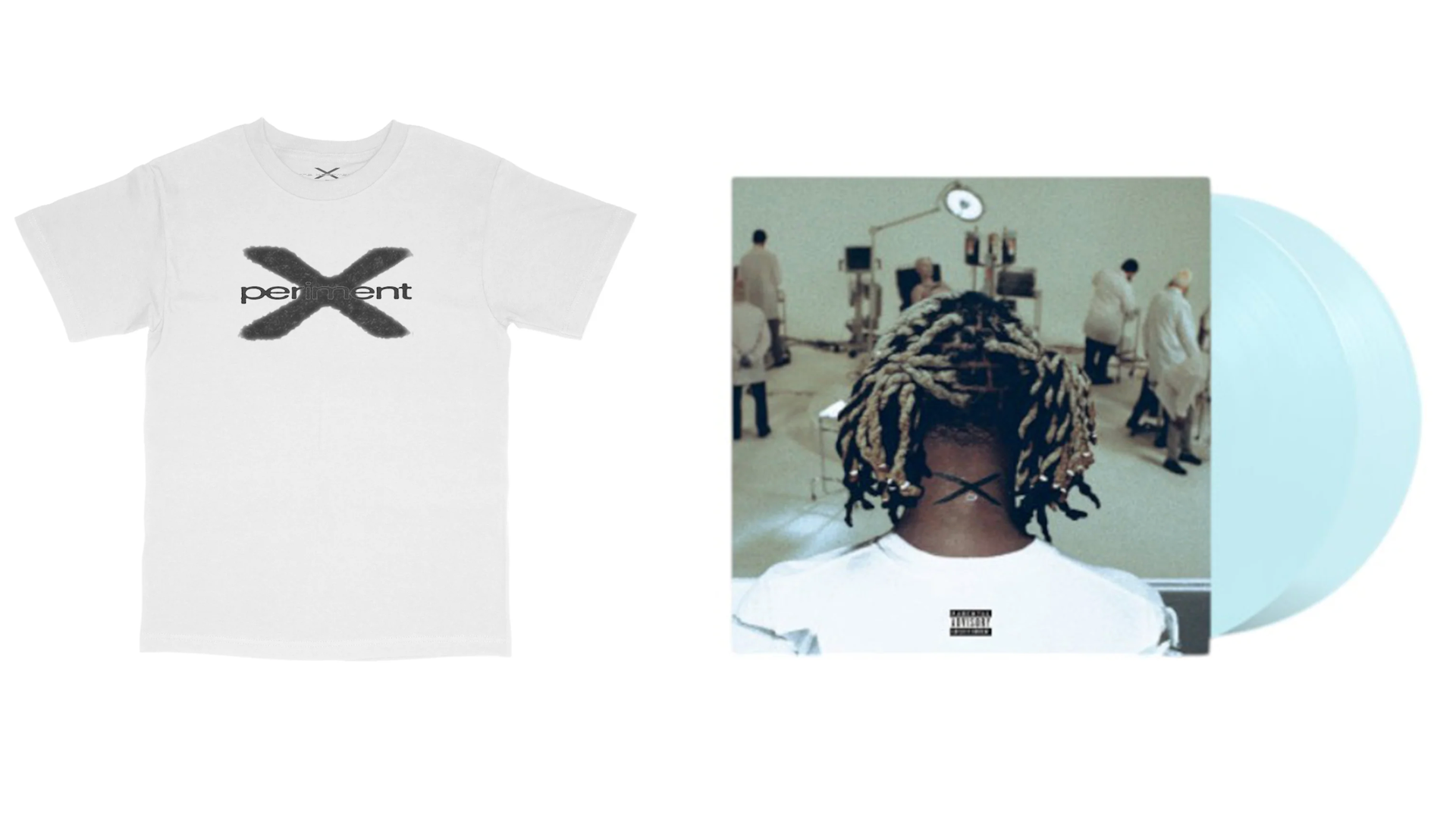 A white T-shirt with "Permanent" and an "X" design, next to an album cover featuring a person with dreadlocks, and a light blue vinyl record.