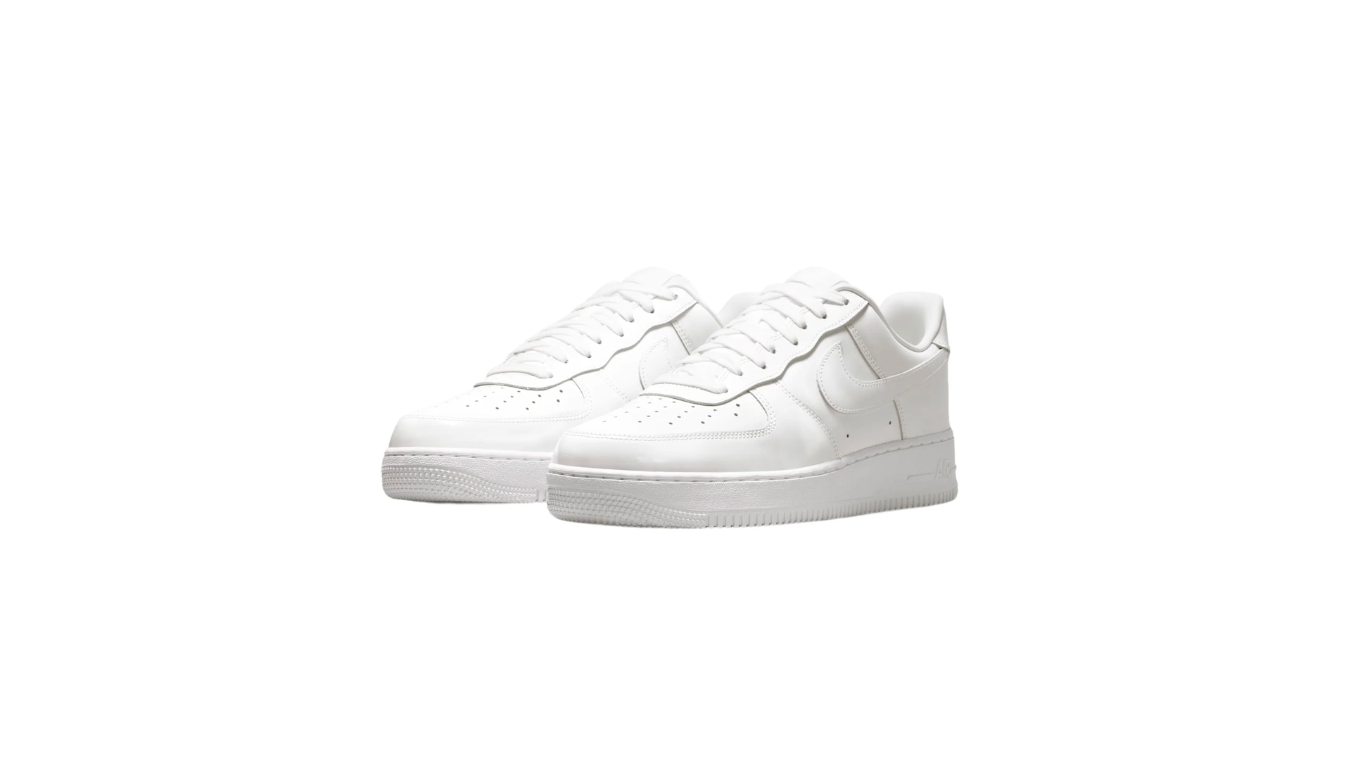 A pair of white Nike Air Force 1 sneakers with a clean, minimalist design on a plain white background.