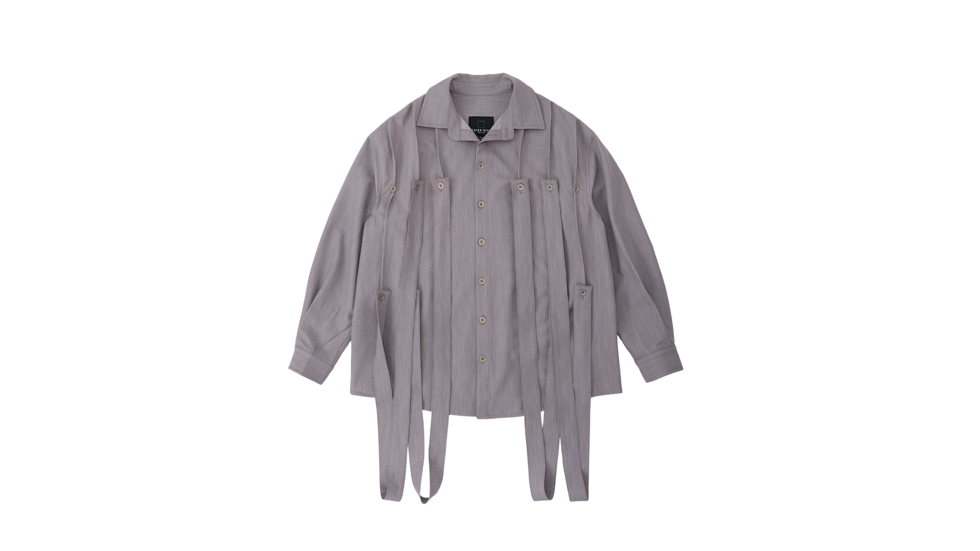 A gray button-up shirt with long sleeves and multiple vertical fabric strips hanging from the front.