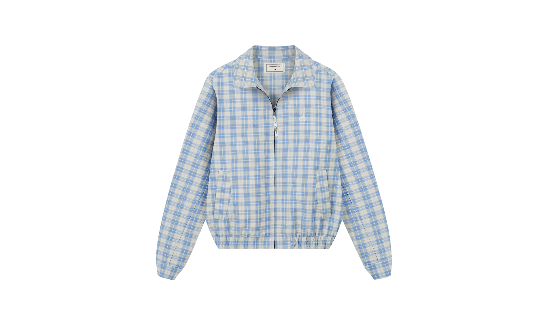 A blue and white plaid long-sleeve jacket with a zipper and collar, featuring a casual and lightweight design.