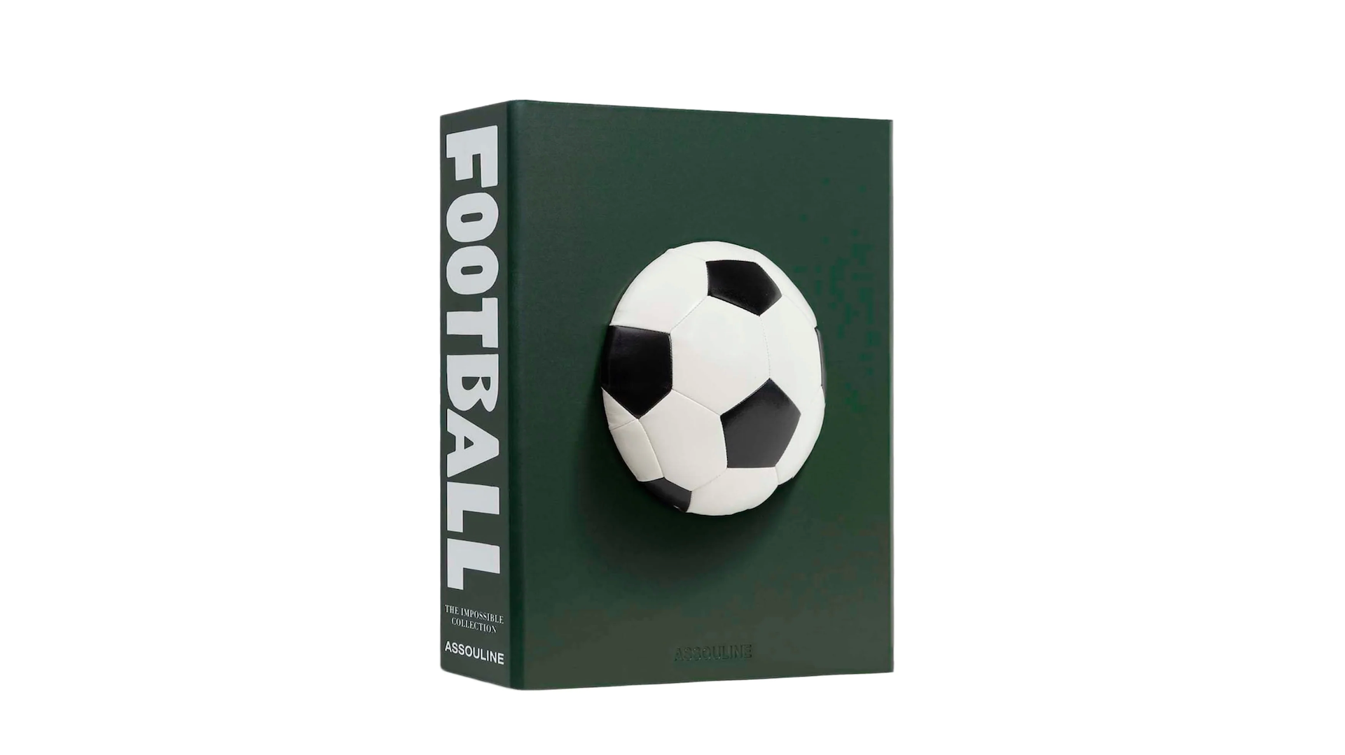 A book titled "Football" with a green cover and a 3D soccer ball design on the front. Published by Assouline.