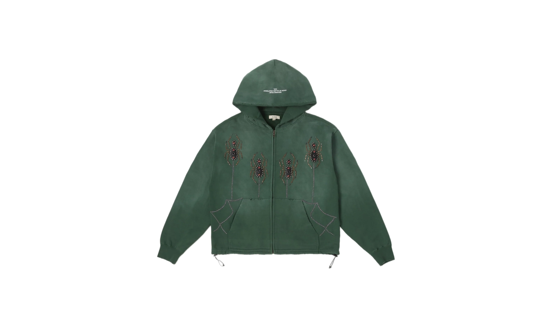 Green hooded jacket with intricate beadwork designs on the front, featuring a front zipper and pockets.