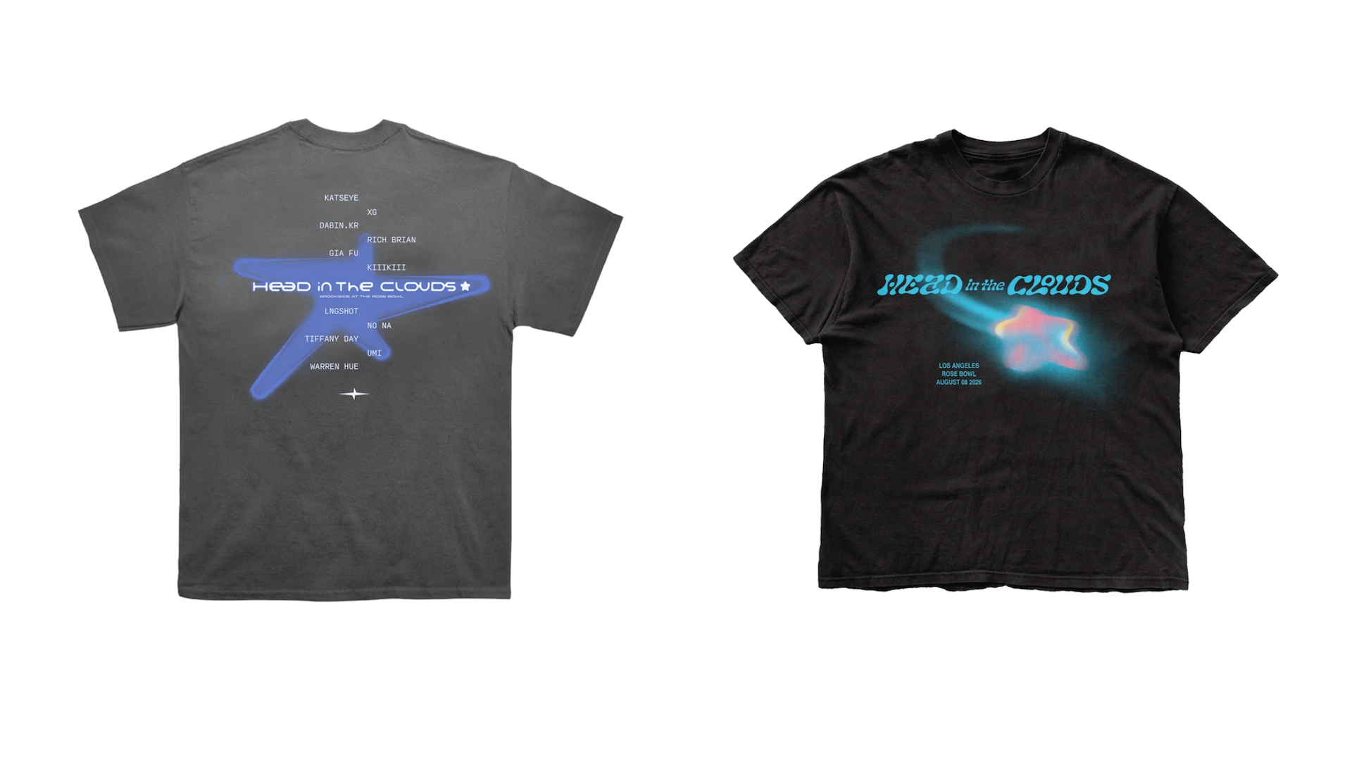 Two black T-shirts with "Head in the Clouds" design. The front has a glowing text and plane graphic; the back lists artists' names.
