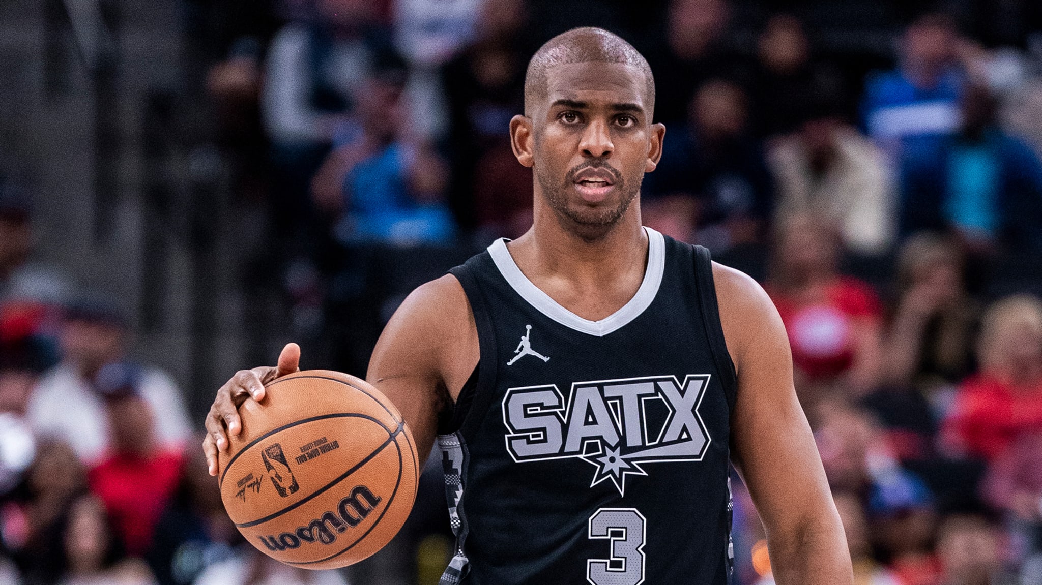 Chris Paul #3 of the San Antonio Spurs handles the ball during the game against the LA Clippers on April 8, 2025 at Intuit Dome in Los Angeles, California. 