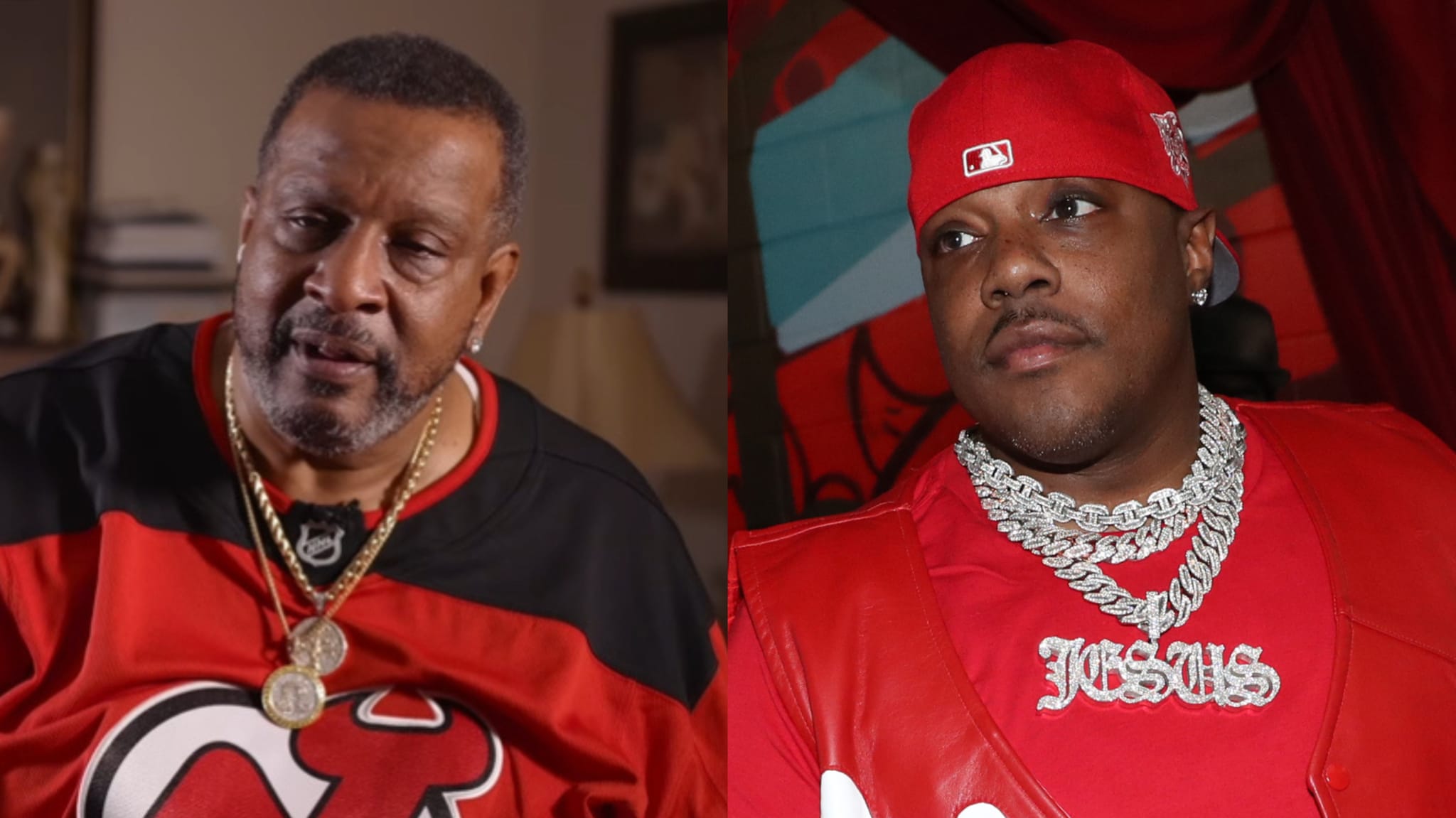 Two men are pictured side by side. The man on the left wears a New Jersey Devils jersey and gold chains. The man on the right wears a red cap, vest, and multiple chains.
