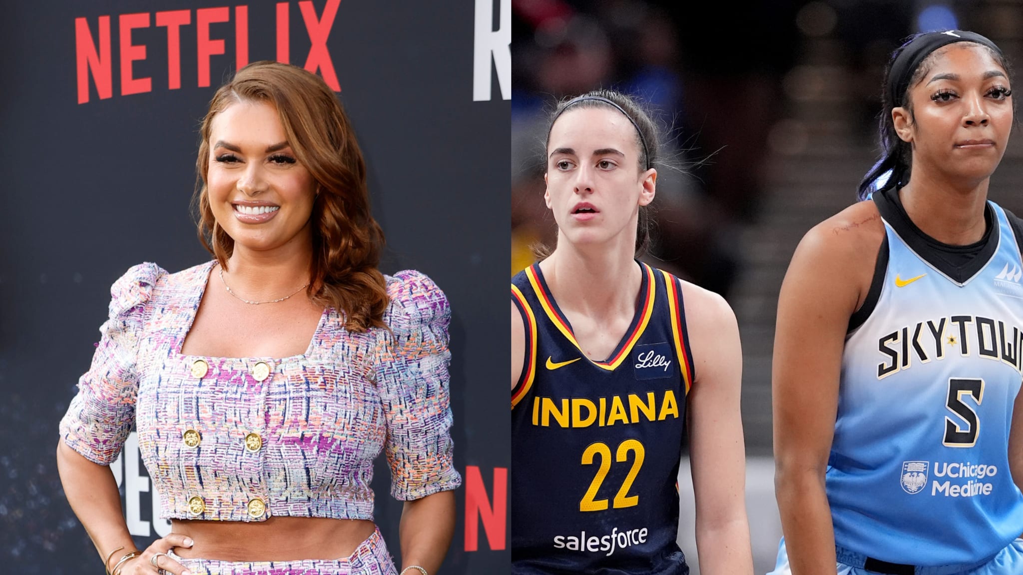 A woman in a patterned outfit at a Netflix event; two female athletes in basketball uniforms, one from Indiana and one from Sky Town.