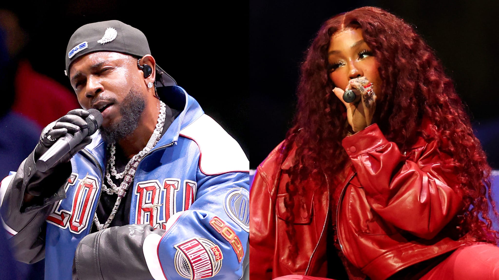 Kendrick Lamar in a blue jacket and cap, and SZA in a red outfit, both performing on stage with microphones.