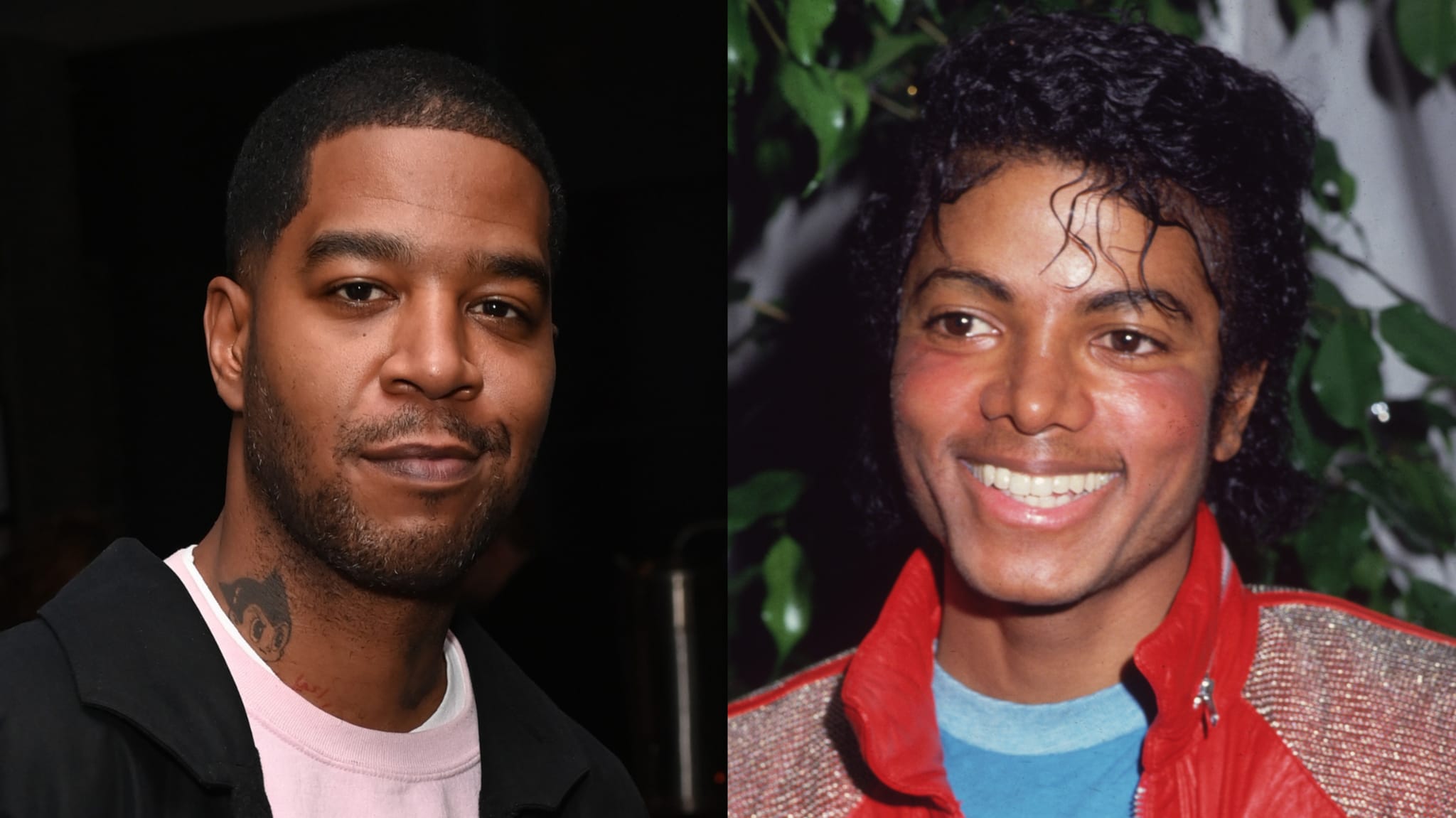 Kid Cudi and Michael Jackson side by side, both smiling. Kid Cudi wears a casual outfit, and Michael Jackson is in a red jacket.