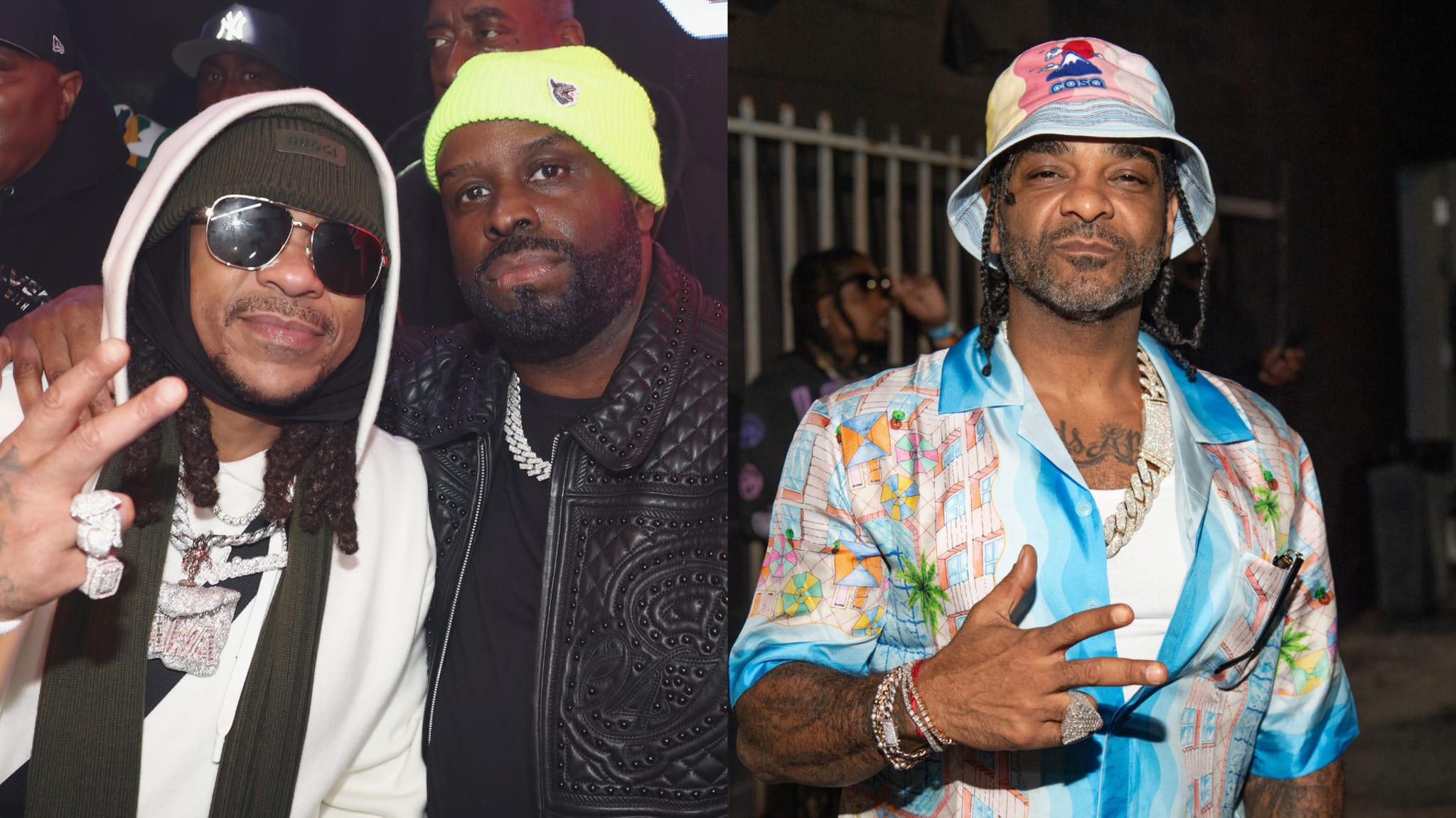 (L) Max B in a hoodie and sunglasses, Funk Flex in a neon beanie and leather jacket. (R) Jim Jones in a colorful shirt and hat.