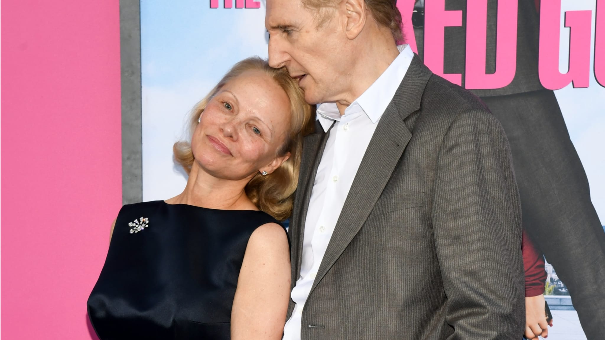 Pamela Anderson, Liam Neeson at "The Naked Gun" New York Premiere on July 28, 2025 in New York