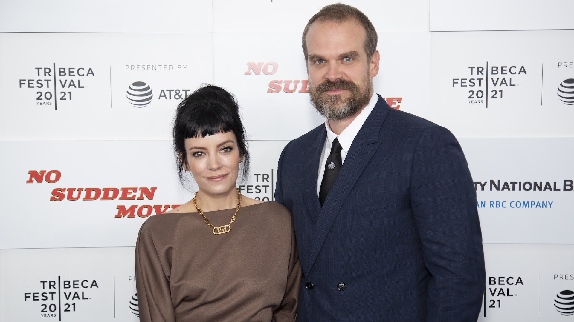 NEW YORK, NEW YORK - JUNE 18: Lily Allen and David Harbour attend 'No Sudden Move' during 2021 Tribeca Festival at The Battery on June 18, 2021 in New York City.