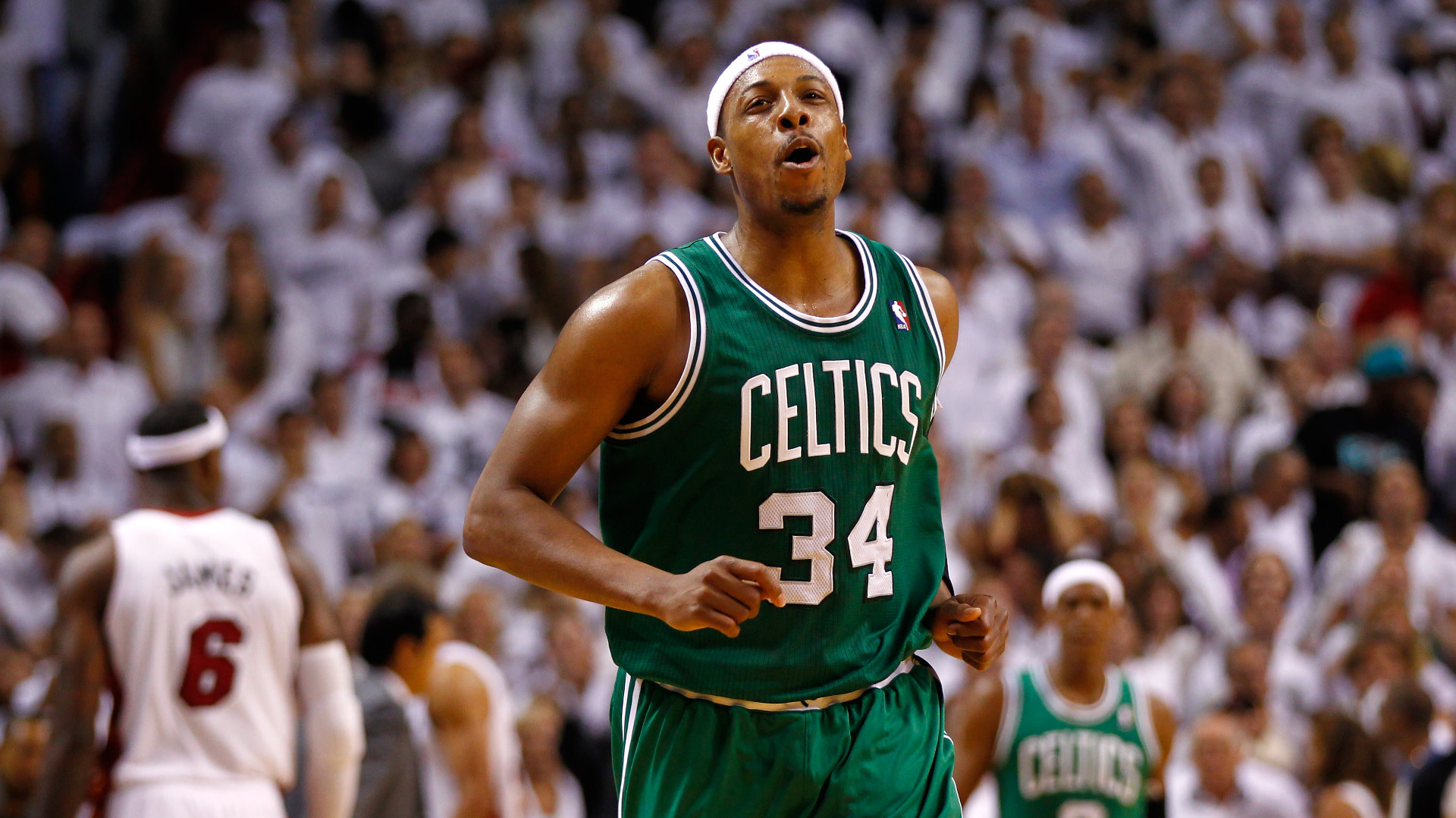 Paul Pierce in a Celtics jersey during a basketball game.