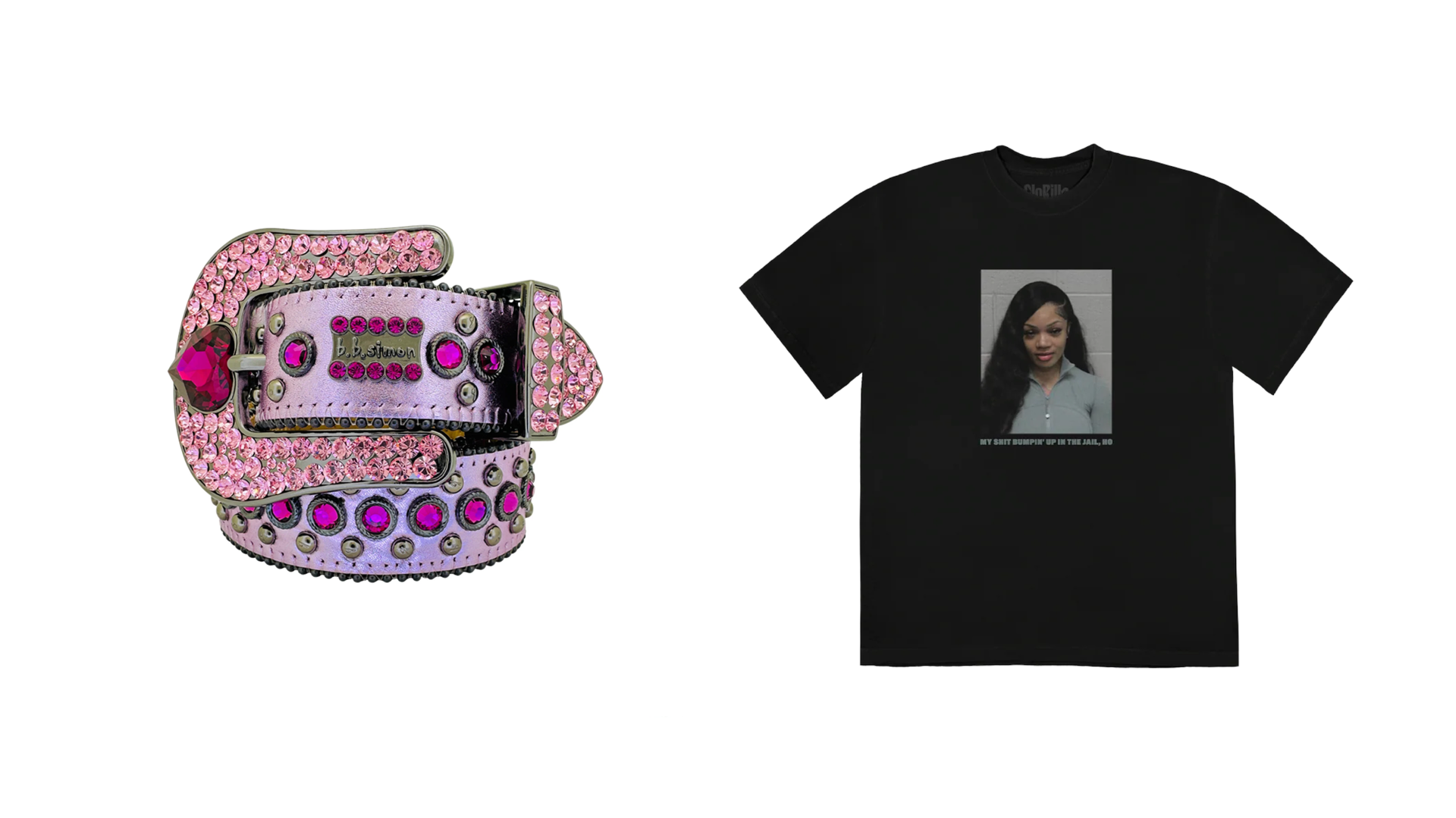 A pink rhinestone belt buckle with "blumar" text and a black T-shirt featuring a woman's mugshot.