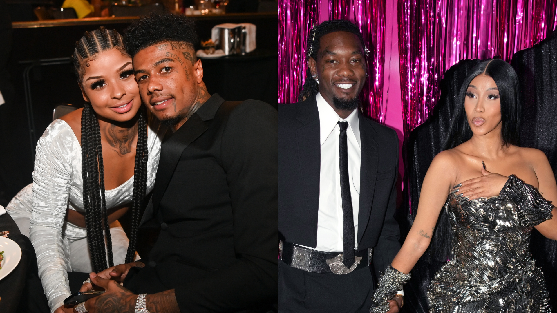 Chrisean Rock and Blueface sitting together; Offset and Cardi B posing against a pink backdrop.