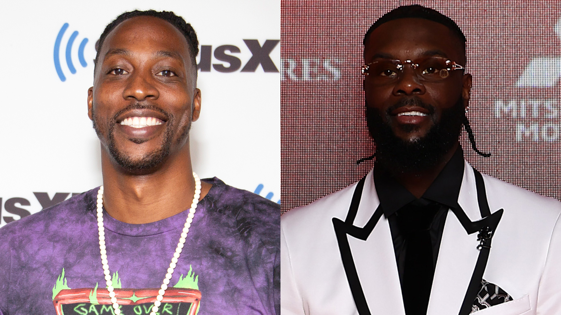 Two men are pictured side by side. The man on the left wears a purple shirt and necklace, smiling. The man on the right is in a white suit with black trim.