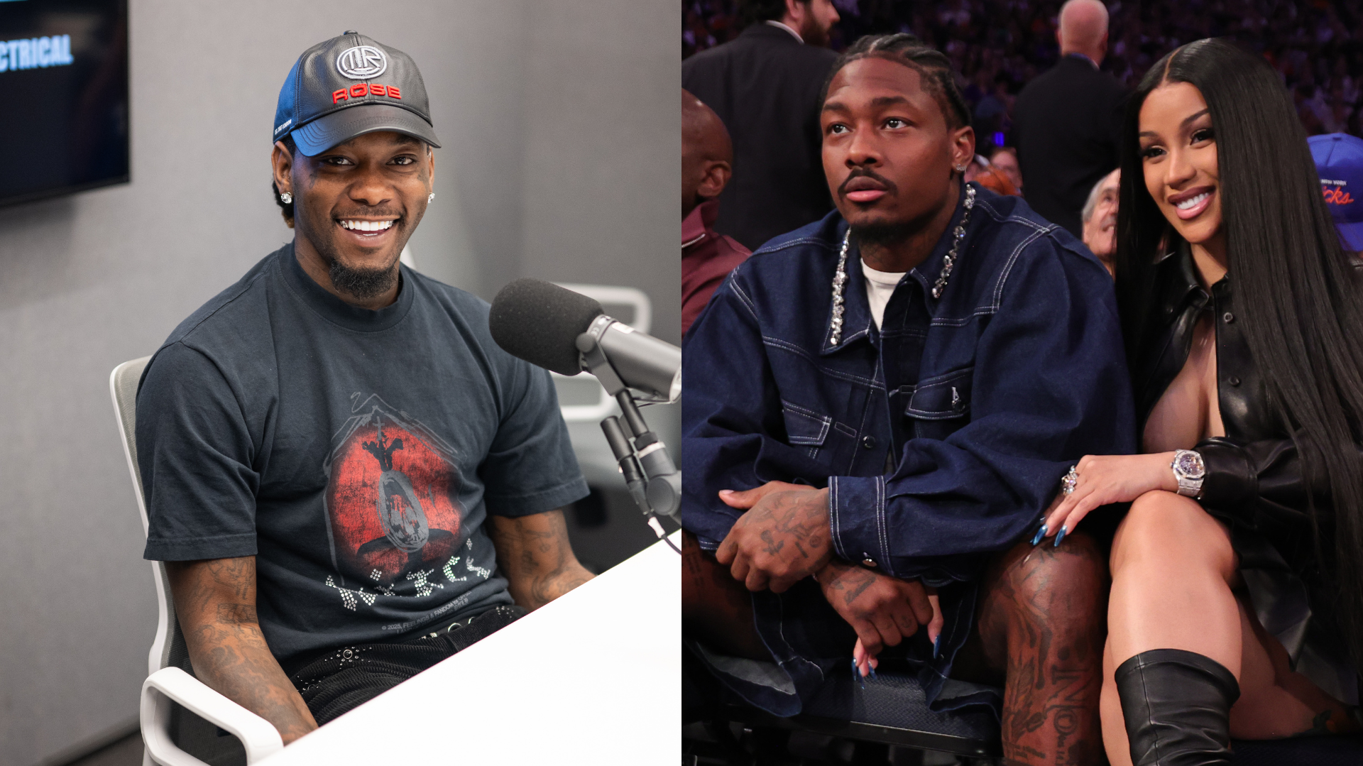 A man in a cap smiles at a microphone. Another man sits courtside with a woman in long black hair and boots.