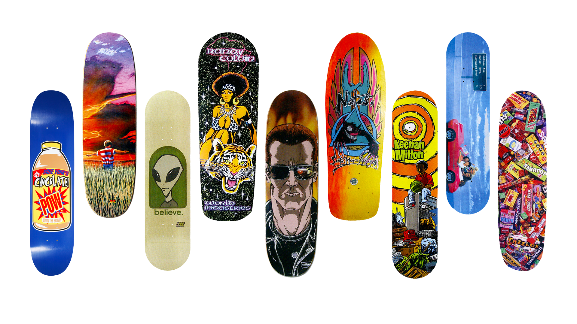 A collection of nine skateboard decks with various colorful designs, including a soda can, alien face, and a character resembling a cyborg.