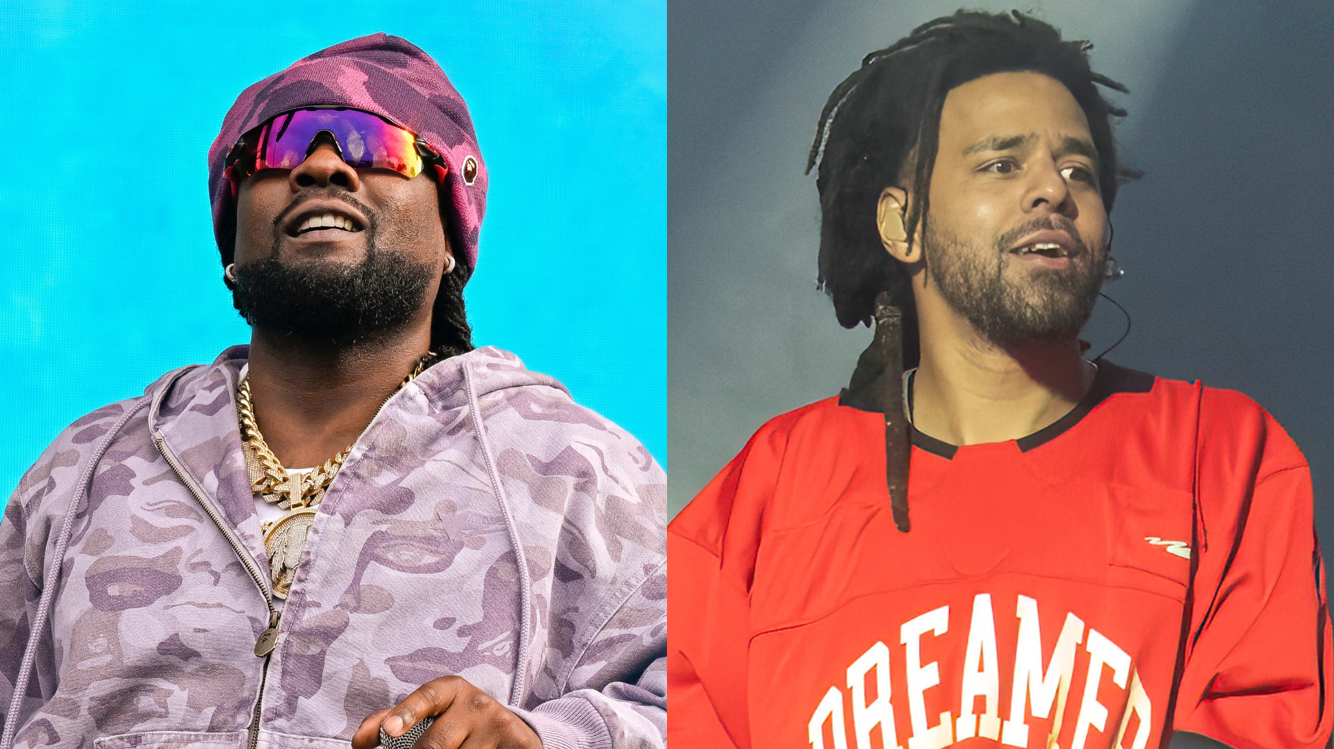 Wale in a purple camo hoodie and sunglasses, J. Cole in a red jersey with "DREAMER" text.