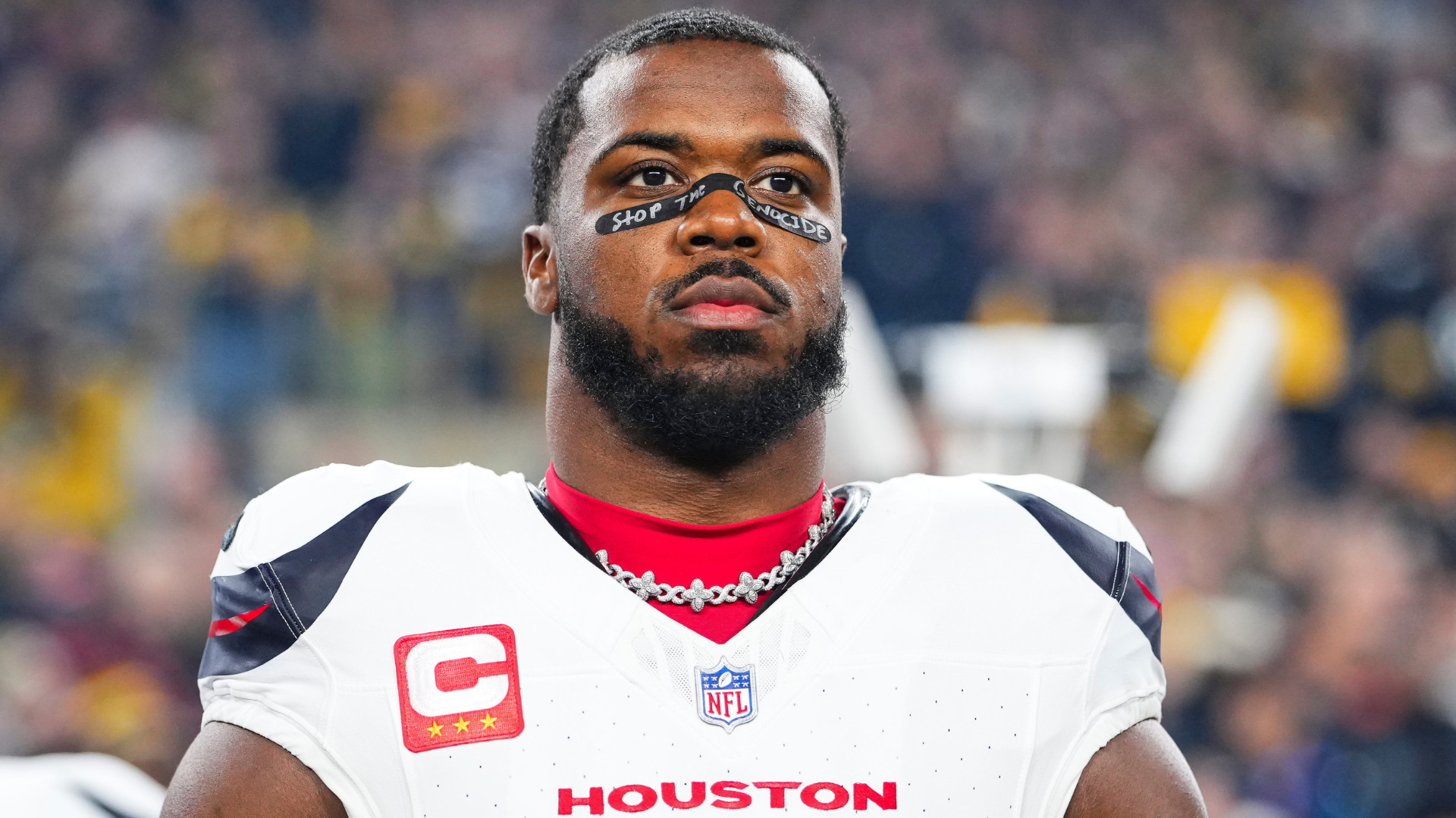 Texans LB Azeez Al-Shaair Fined for 'Stop the Genocide' Eye Black Message During Playoff Game