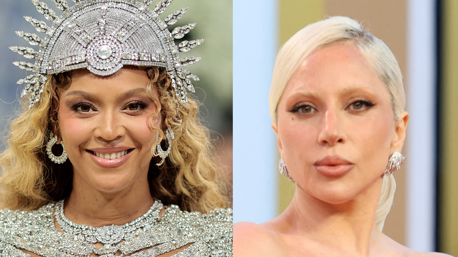 (L) Beyoncé attends the 2026 Met Gala celebrating "Costume Art" at the Metropolitan Museum of Art on May 04, 2026 in New York City. (R) US singer-songwriter and actress Lady Gaga attends the world premiere of "The Devil Wears Prada 2" at Lincoln Center in New York City, on April 20, 2026. 