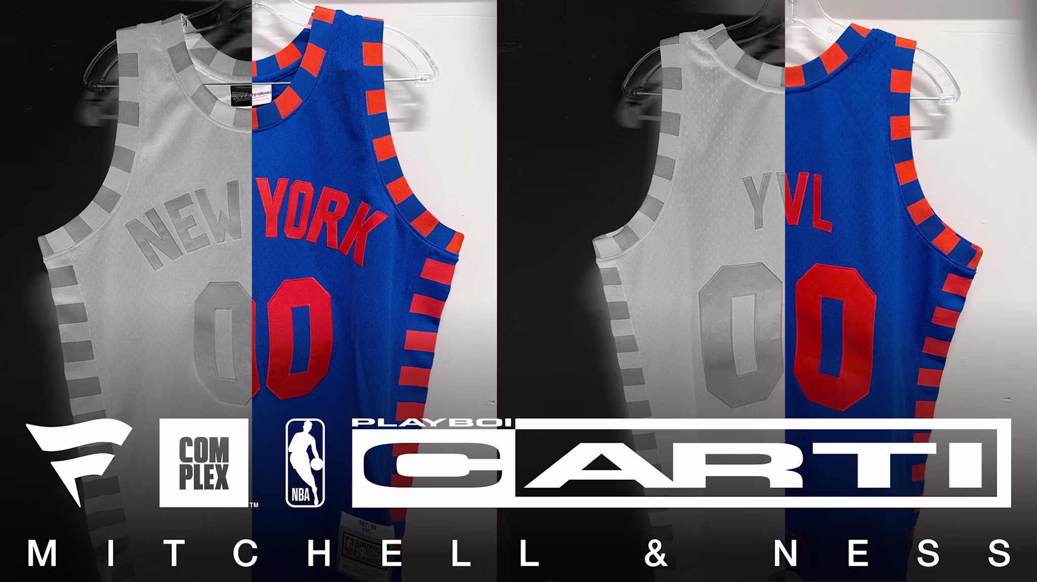 A split image of a blue and gray basketball jersey with "YORK" and "YVL" text. Logos: Complex, NBA, Playboi Carti, Mitchell & Ness. ComplexCon exclusives. 