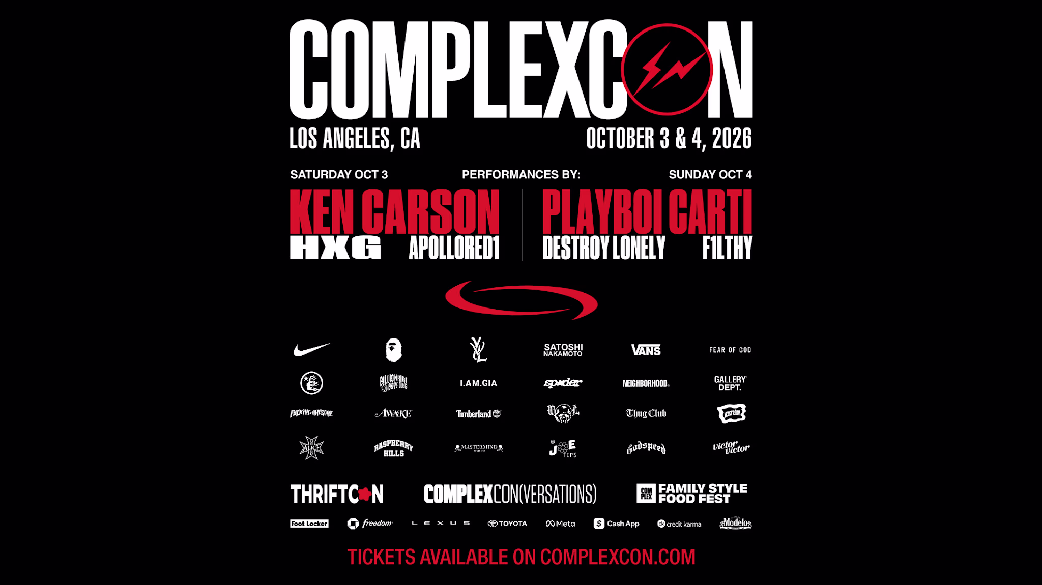 Promotional poster for ComplexCon 2026 in Los Angeles, featuring Ken Carson, Playboi Carti, and more. Logos of various brands are displayed.