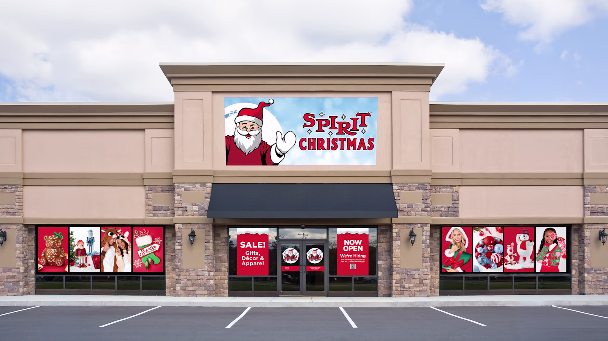 Storefront with "Spirit Christmas" signage featuring Santa Claus. Windows display holiday-themed decorations and sale signs.