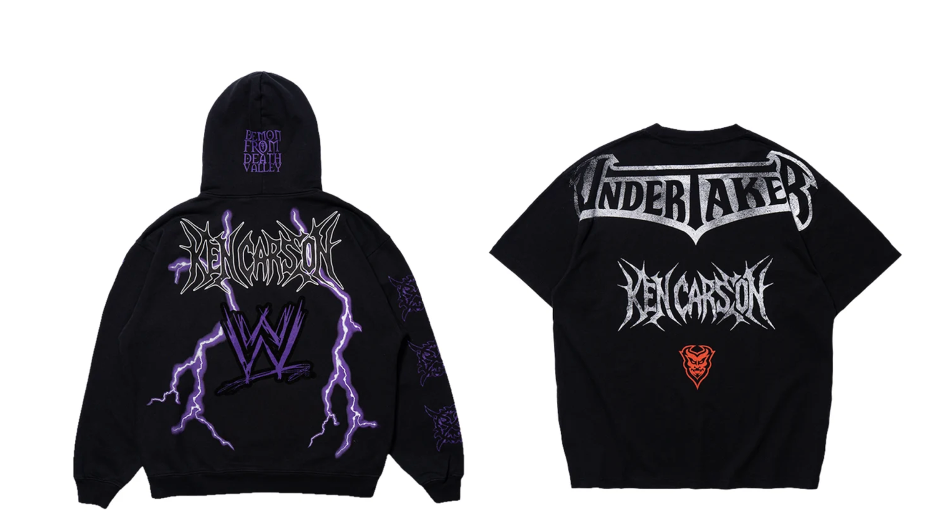 Black hoodie and T-shirt featuring "Ken Carson" and "Undertaker" graphics with purple lightning and WWE logo.
