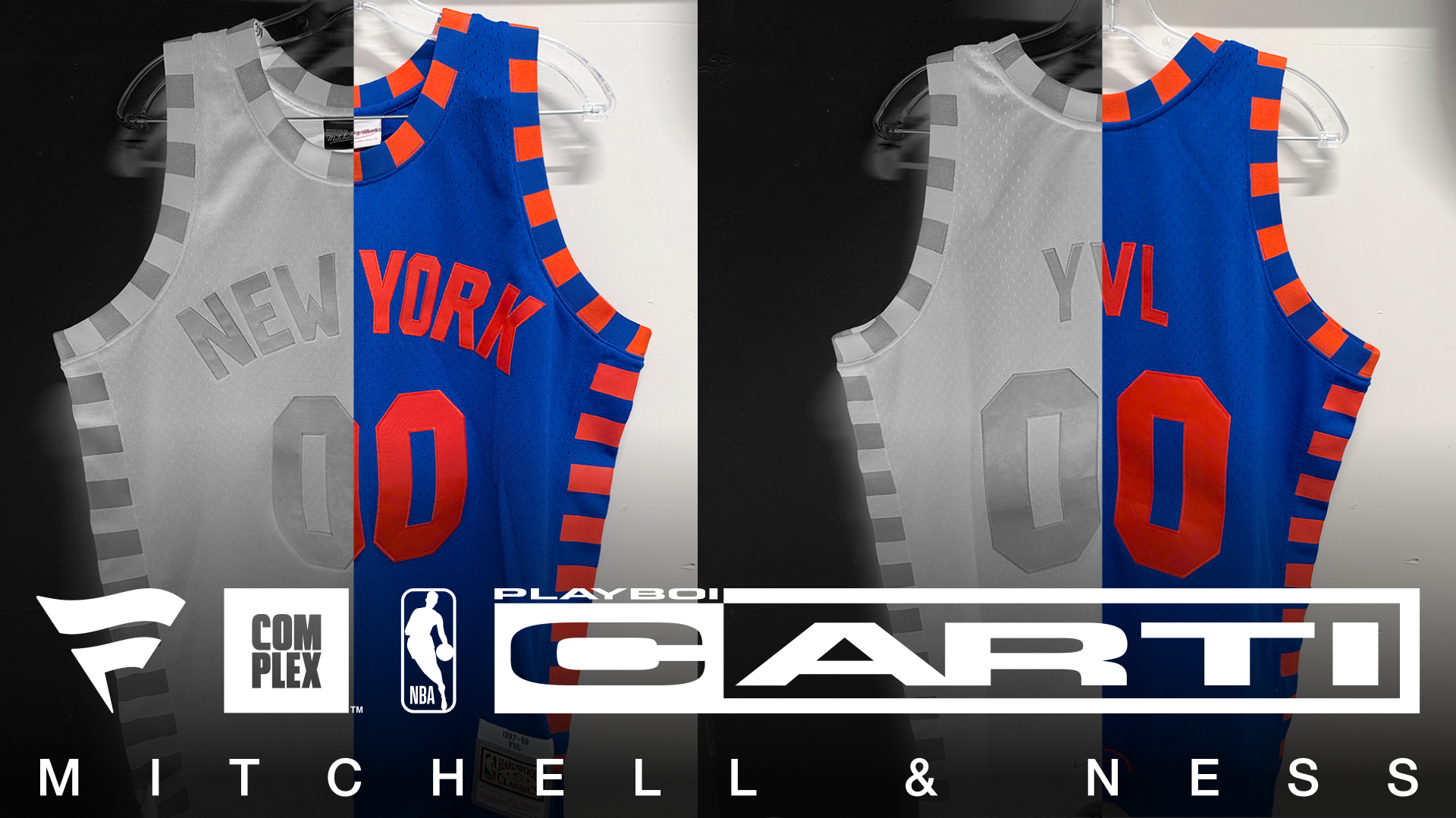A split image of a blue and gray basketball jersey with "YORK" and "YVL" text. Logos: Complex, NBA, Playboi Carti, Mitchell & Ness.