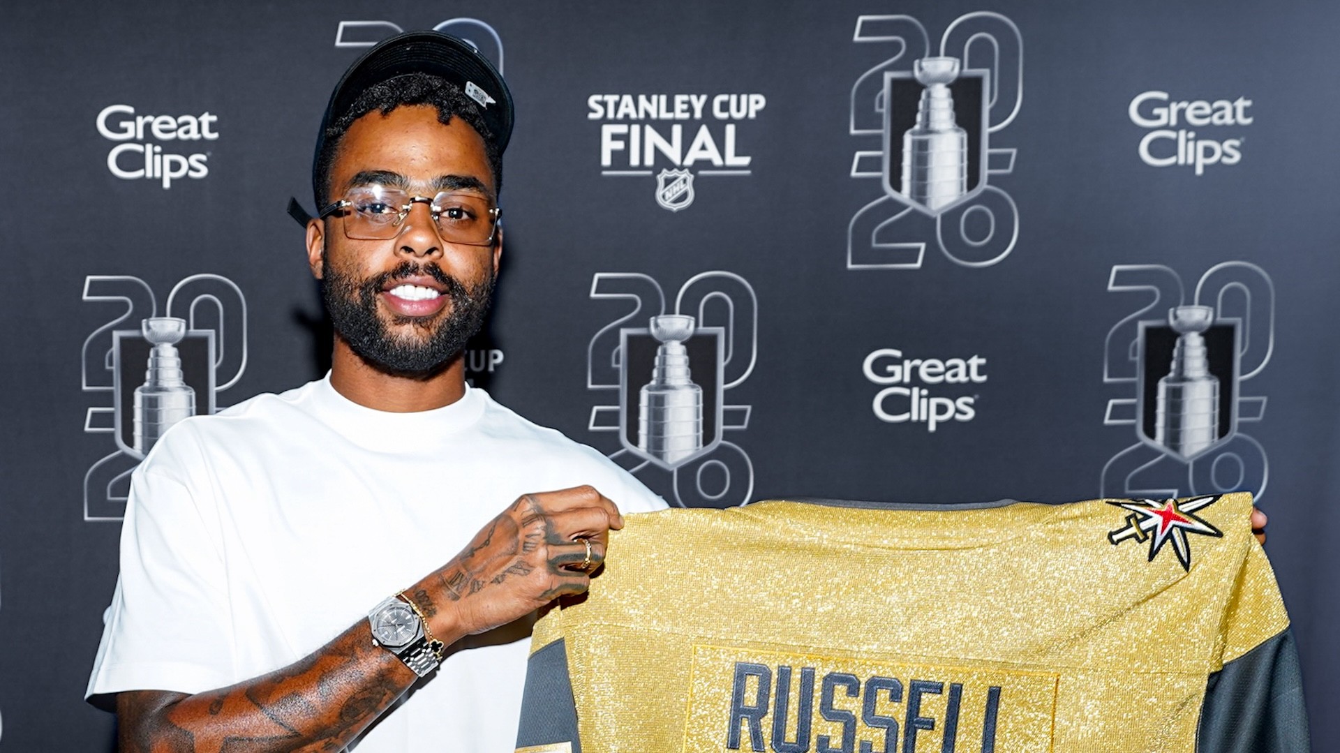 LAS VEGAS, NEVADA - JUNE 09: D'Angelo Russell attends Game Four of the NHL Stanley Cup Final between the Carolina Hurricanes and the Vegas Golden Knights at T-Mobile Arena on June 09, 2026 in Las Vegas, Nevada. (Photo by Jordan Anders/NHLI via Getty Images)