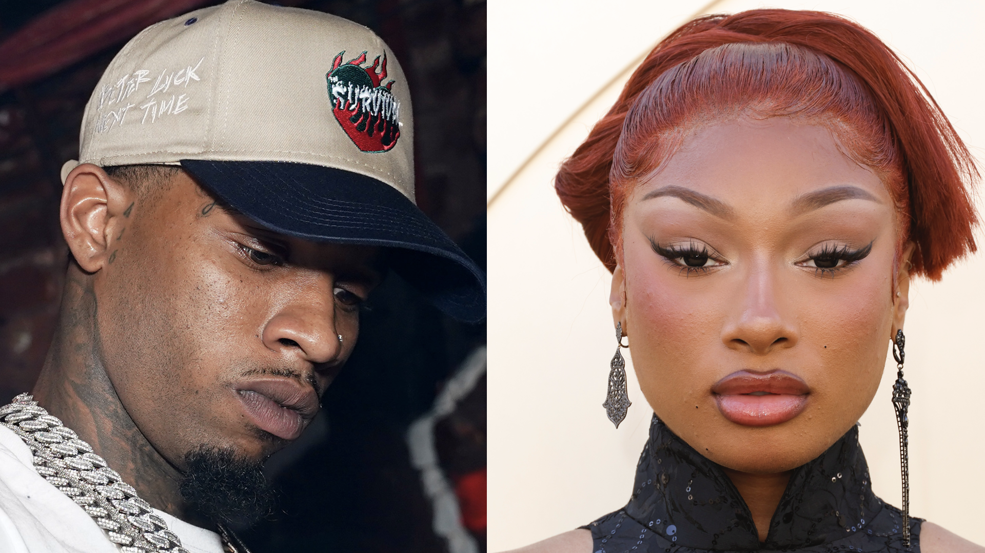 (L) Tory Lanez attends Sorry For What Event on September 28, 2022 in New York City. (R) Megan Thee Stallion at the 2025 Gold Gala held at The Music Center on May 10, 2025 in Los Angeles, California. 