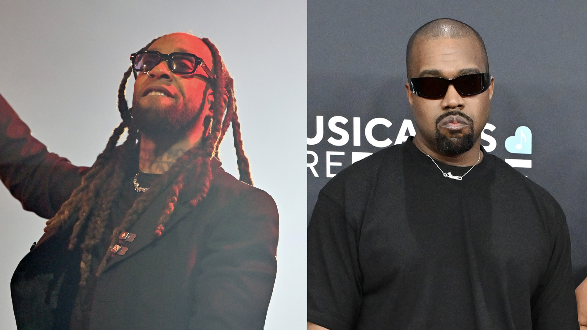 (L) Ty Dolla Sign performs onstage during ComplexCon 2025 at the Las Vegas Convention Center on October 26, 2025 in Las Vegas, Nevada. (R) Kanye West and Bianca Censori attend the 67th GRAMMY Awards at Crypto.com Arena on February 02, 2025 in Los Angeles, California. 