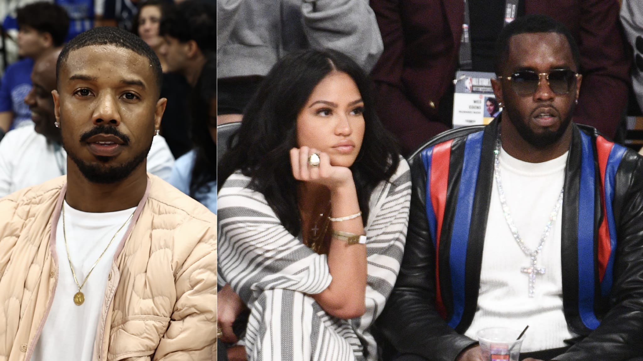 Michael B. Jordan in a beige jacket, Cassie in a striped outfit, and Diddy in sunglasses and a colorful jacket at a sports event.