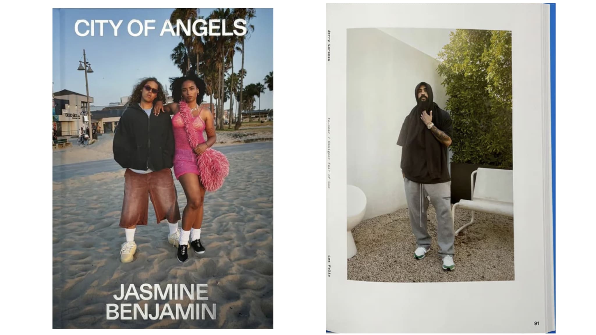 A book cover titled "City of Angels" by Jasmine Benjamin shows two people on a beach. An inside page features a person posing outdoors.