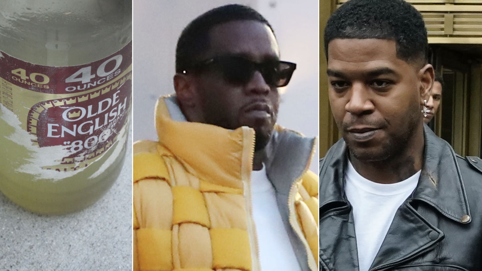 A bottle of Olde English 800, Sean "Diddy" Combs in a yellow jacket, and Kid Cudi in a black leather jacket.