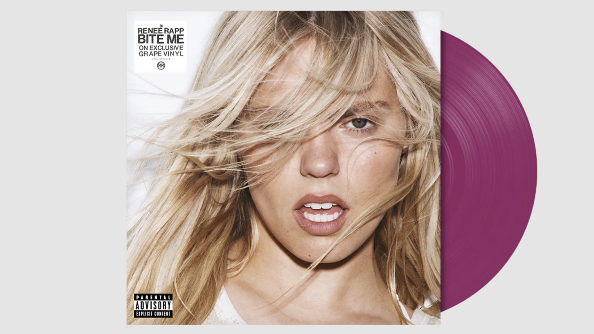 Cover of Renée Rapp's "Bite Me" album on exclusive grape vinyl, featuring a close-up of Renée with windswept hair.