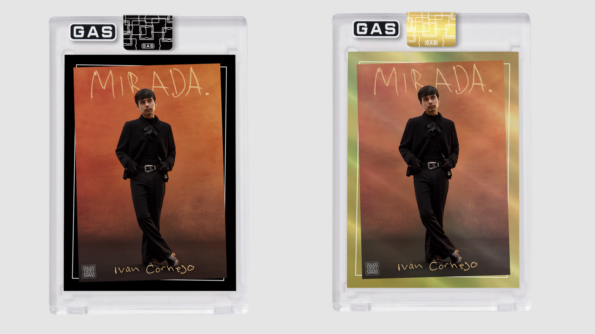 Two images of a person named Iván Cornejo on cards labeled "MIRADA," encased in clear holders with "GAS" branding.