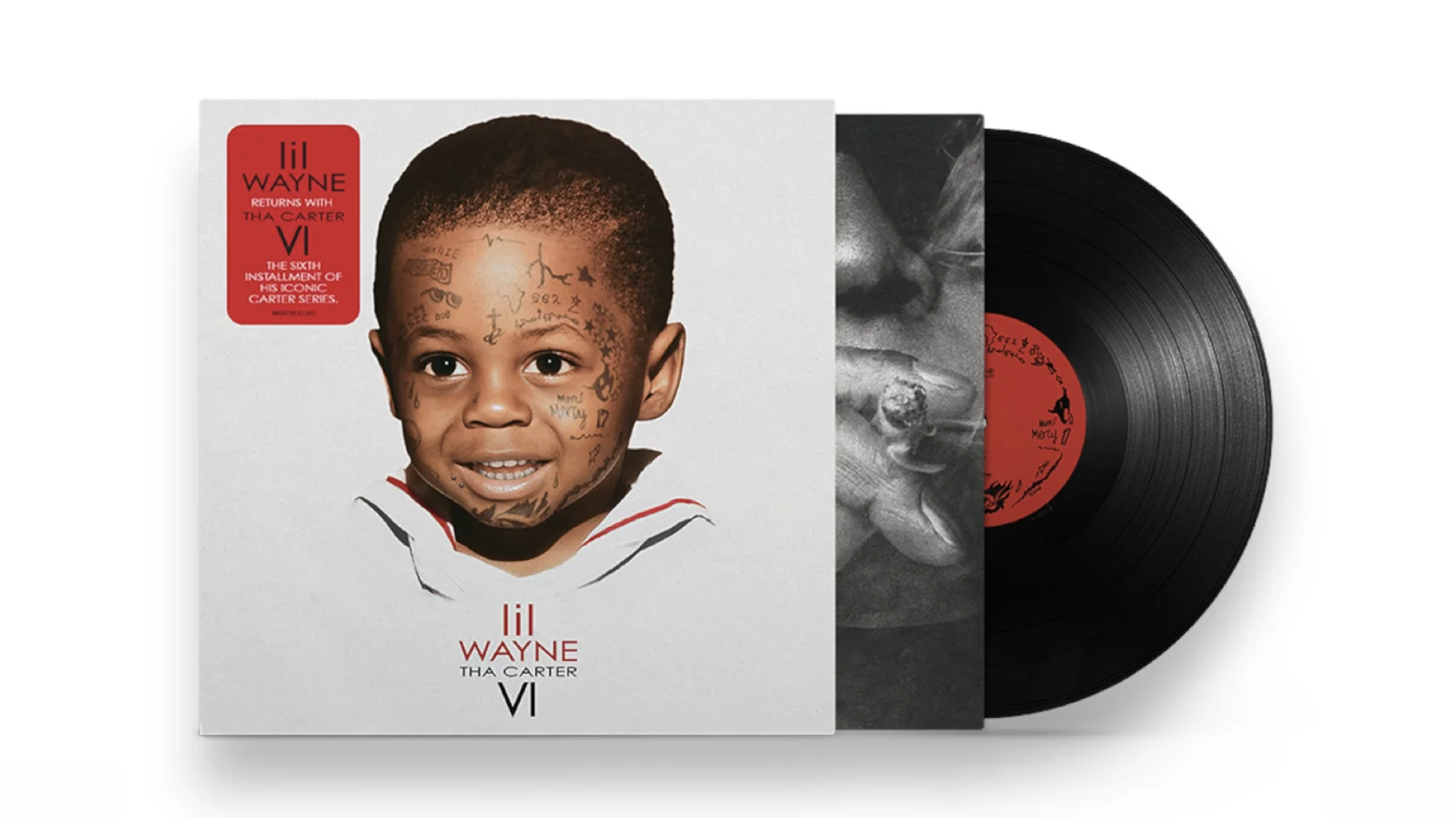 Album cover for "Tha Carter VI" by Lil Wayne, featuring a young Wayne with face tattoos and a red CD with white graphics.
