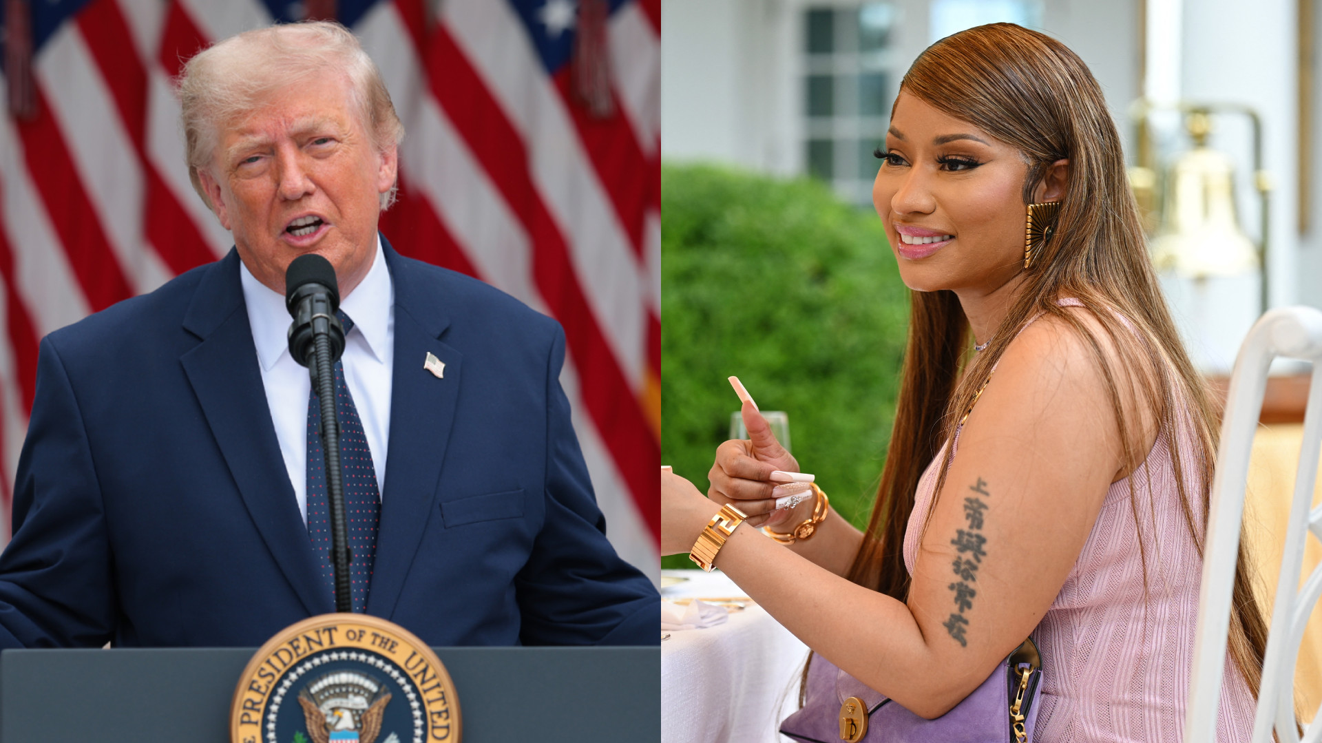 Donald Trump speaking at a podium with flags behind him; Nicki Minaj smiling at a table, wearing a purple outfit with visible tattoo.