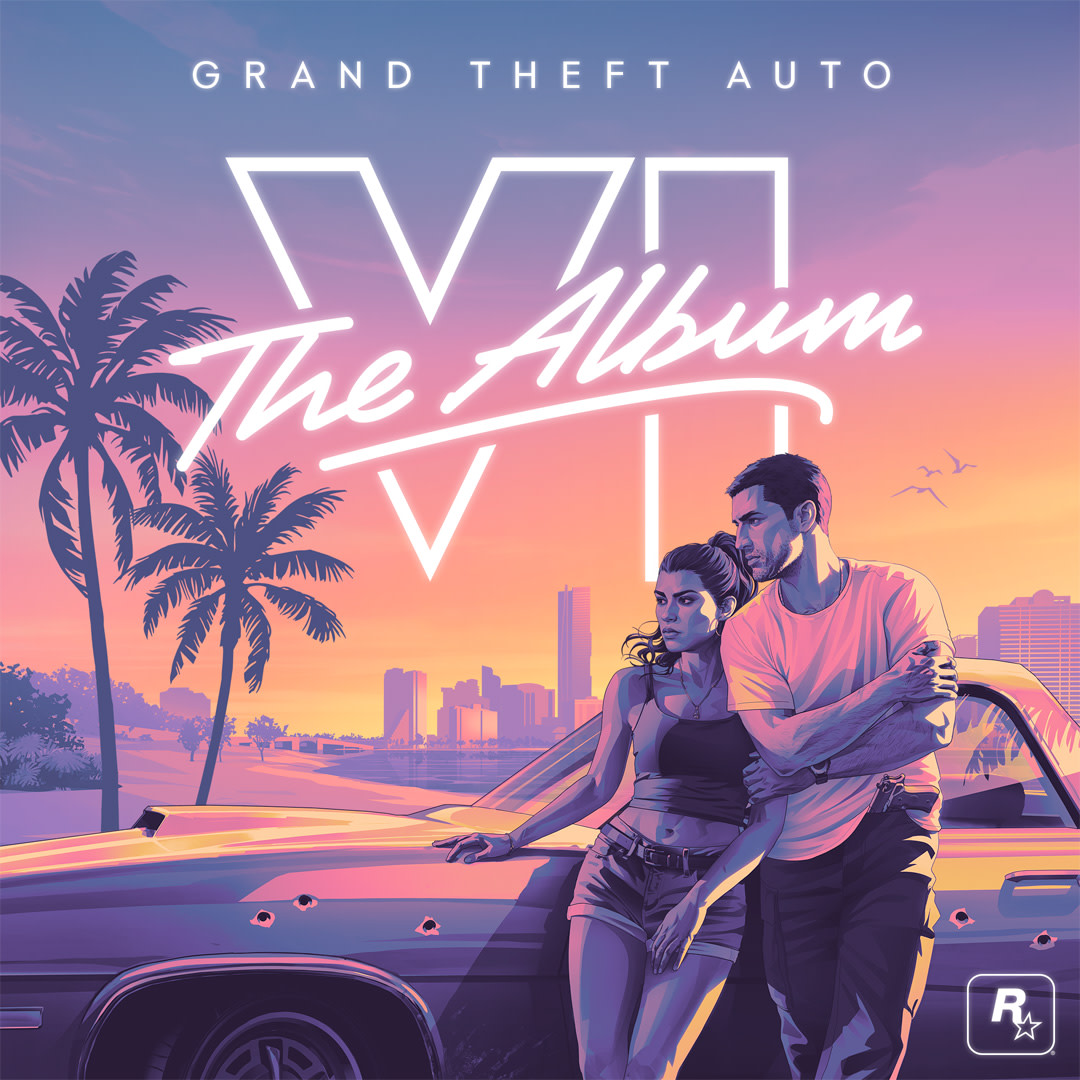 Illustrated cover art for "Grand Theft Auto VI: The Album" featuring a man and woman leaning on a car at sunset with palm trees.