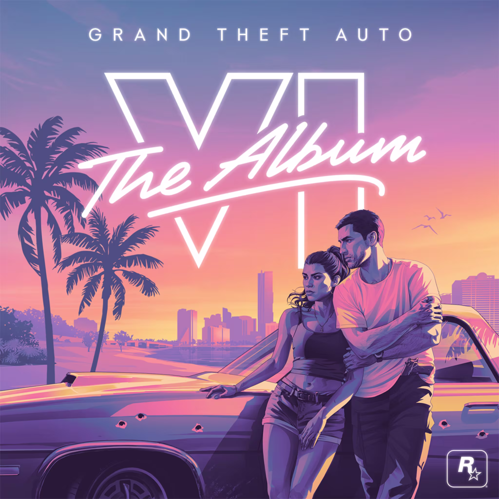 Illustrated cover art for "Grand Theft Auto VI: The Album" featuring a man and woman leaning on a car at sunset with palm trees.