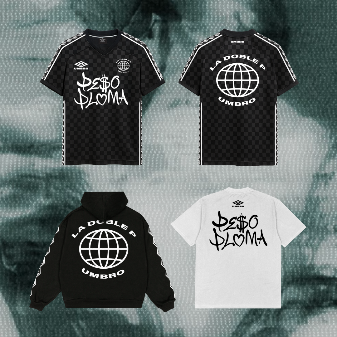 Four clothing items featuring "Peso Pluma" and "La Doble P" designs by Umbro, including black jerseys, a hoodie, and a white T-shirt.
