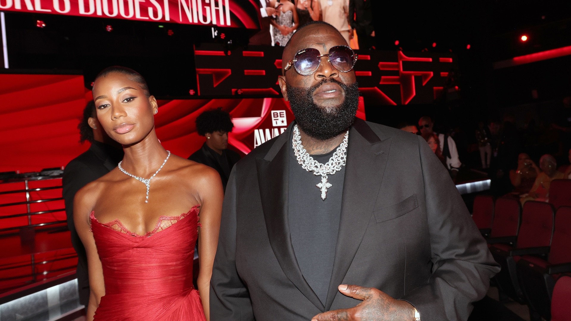 LOS ANGELES, CALIFORNIA - JUNE 28: (L-R) Jazzma Kendrickand Rick Ross attend the BET Awards 2026 at Peacock Theater on June 28, 2026 in Los Angeles, California. 